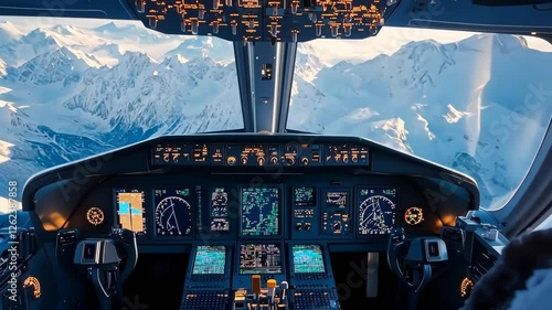 The cockpit of a plane is filled with buttons and gauges, and the pilot is looking out the window at the mountains below