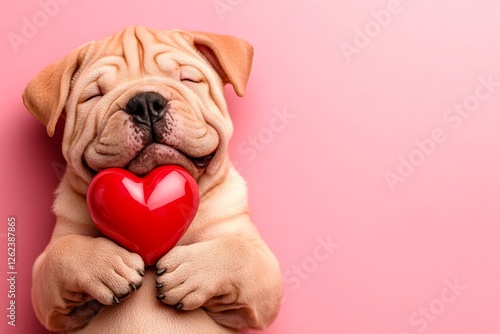 Chinese shar-pei - my preferred dog. Cute chinese shar-pei doggy with diamond red heart - emblem of love, funny greeting card. Marketing idea. Romantic dog pictures. Red hearts and pets. photo