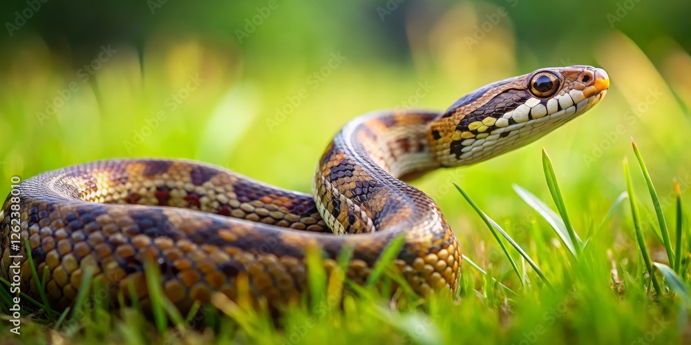 Colorful Snake Coiled in Lush Green Grass Under Natural Light Colorful Snake Coiled in Lush Green Grass Under Natural Light