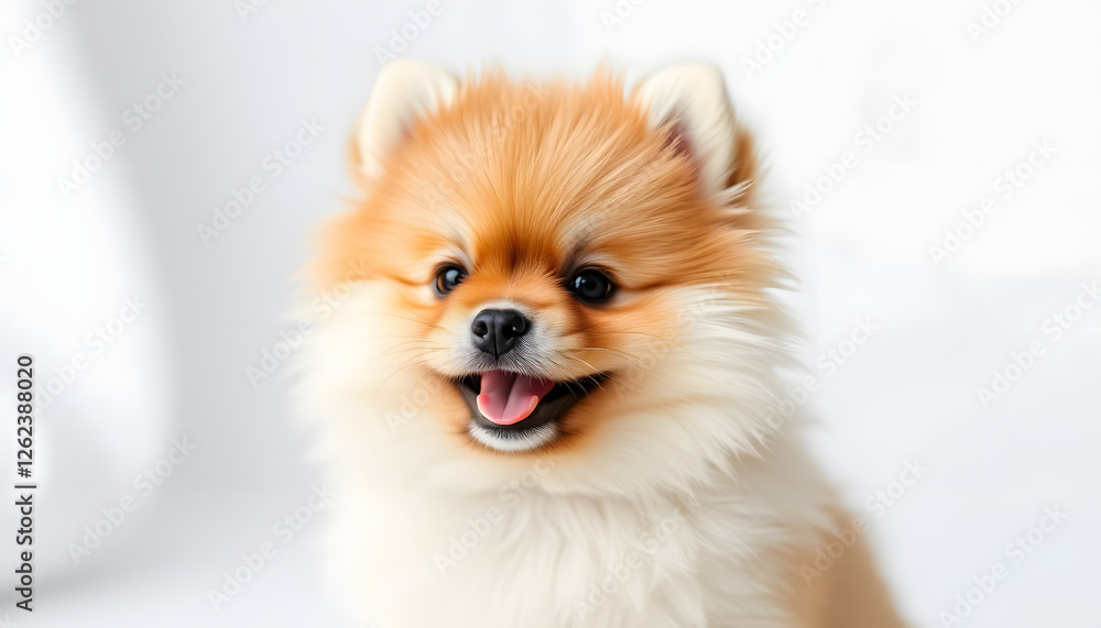 Fototapeta premium Smiling Pomeranian Spitz Puppy on White Background, angled photoshot. with white shades