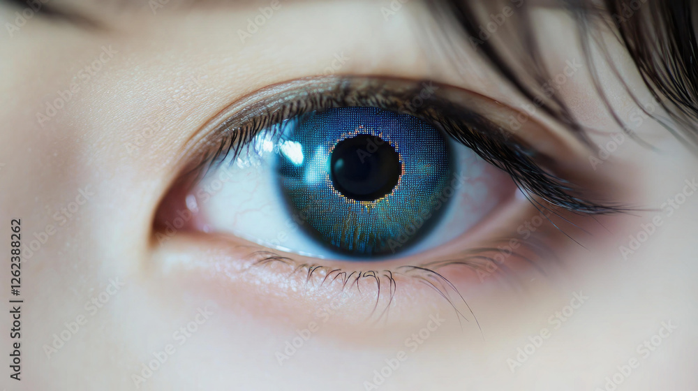 Naklejka premium Closeup of a Young Persons Eye with a Digital Pattern in the Iris