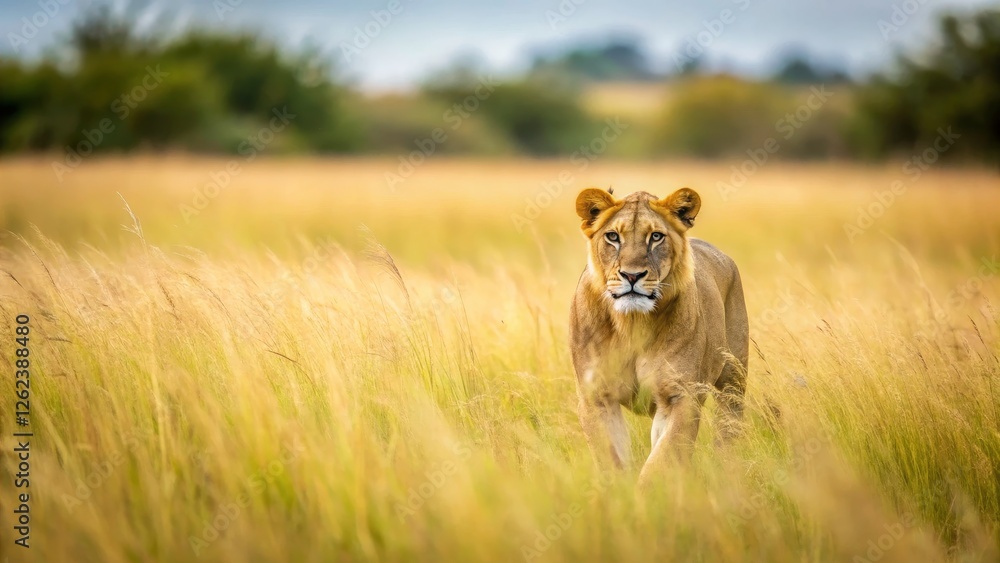 Fototapeta premium Majestic Lioness Walking Through Golden Grasslands in Wilderness