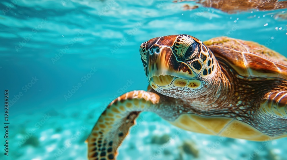 Obraz premium Sea turtle swimming in turquoise water close-up: marine wildlife in pristine ocean habitat