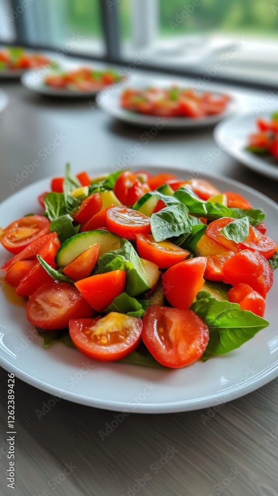 Fresh salad prepared with ripe tomatoes and fresh greens on a white plate in a bright kitchen setting during daylight Fresh salad prepared with ripe tomatoes and fresh greens on a white plate in a bright kitchen setting during daylight