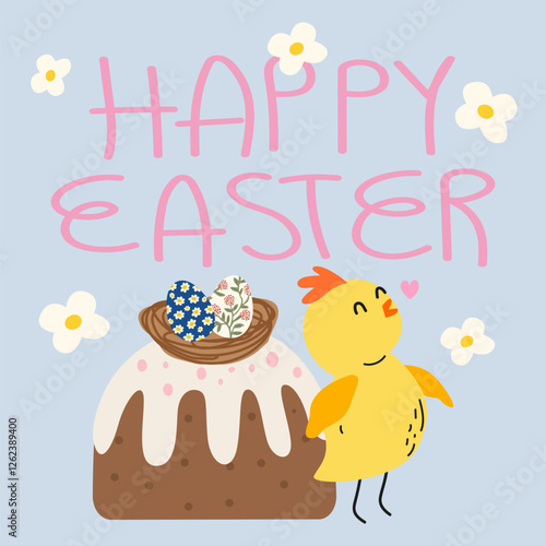 Happy Easter vector greeting card. Easter cake with glaze, sprinkles and easter eggs for Spring holiday. Cute little chicken character. Traditional dishes for Easter. Vector illustration