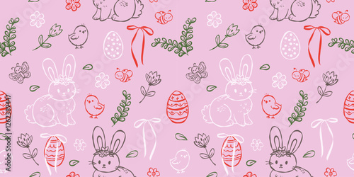 Coquette seamless Easter pattern with bunnies, flowers, eggs, and ribbons, hand drawn sketch line art, minimalistic style, ink illustration. Perfect for spring designs, greetings, or festive design