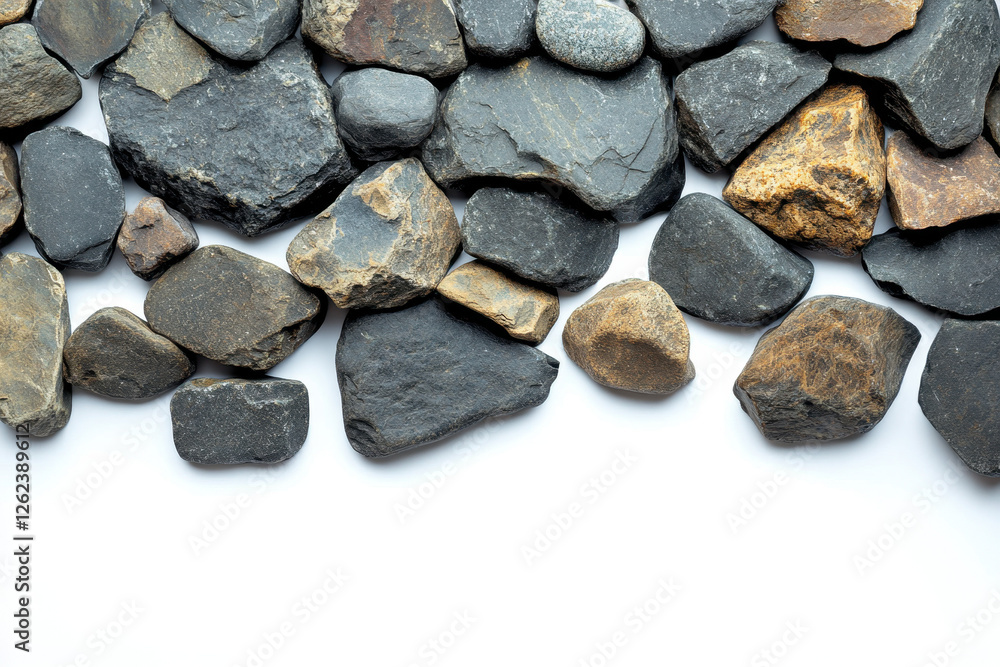 A collection of smooth, natural stones in varying shades of gray and brown arranged on a white surface, showcasing diverse textures and shapes. A collection of smooth, natural stones in varying shades of gray and brown arranged on a white surface, showcasing diverse textures and shapes.