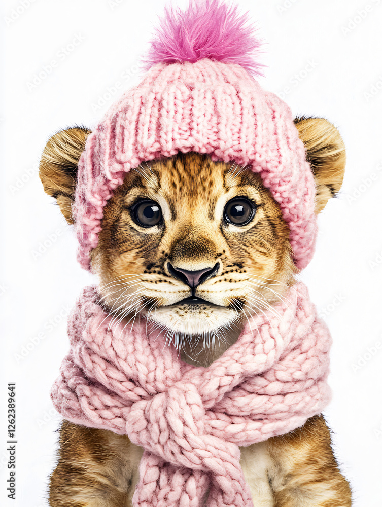Obraz premium Cute lion cub pink knitted hat scarf winter Christmas festive outfit cozy holiday adorable small feline fluffy fur warm snug seasonal portrait,wall,art,wallpaper,baby,shower,greeting,card,clipart,