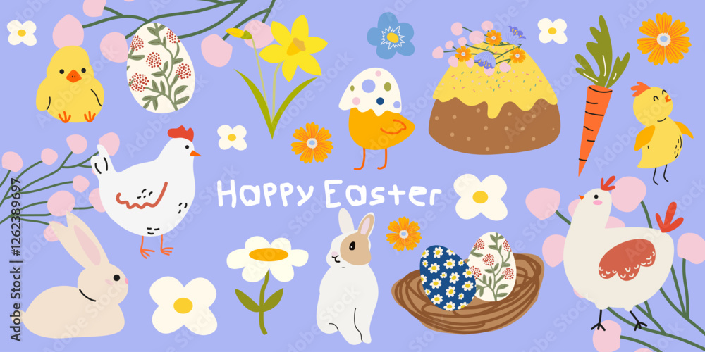 Naklejka premium Set of Happy Easter cartoon stickers in retro flat style. Spring vector elements, little chicken, white rabbits, eggs, easter cake, wild flowers. Celebrate the spring holidays