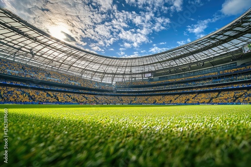 Sunny stadium, green field, blue sky, empty seats, event photo