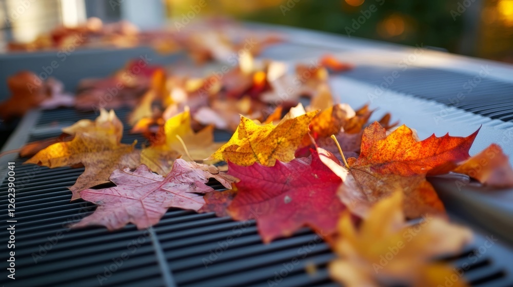 Obraz premium Colorful autumn leaves rest on a metal grate, capturing the essence of fall in a vibrant display of reds, oranges, and yellows