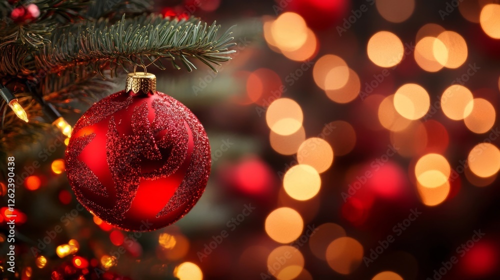 Festive red ornament hanging on a Christmas tree with soft glowing lights in a cozy setting Festive red ornament hanging on a Christmas tree with soft glowing lights in a cozy setting