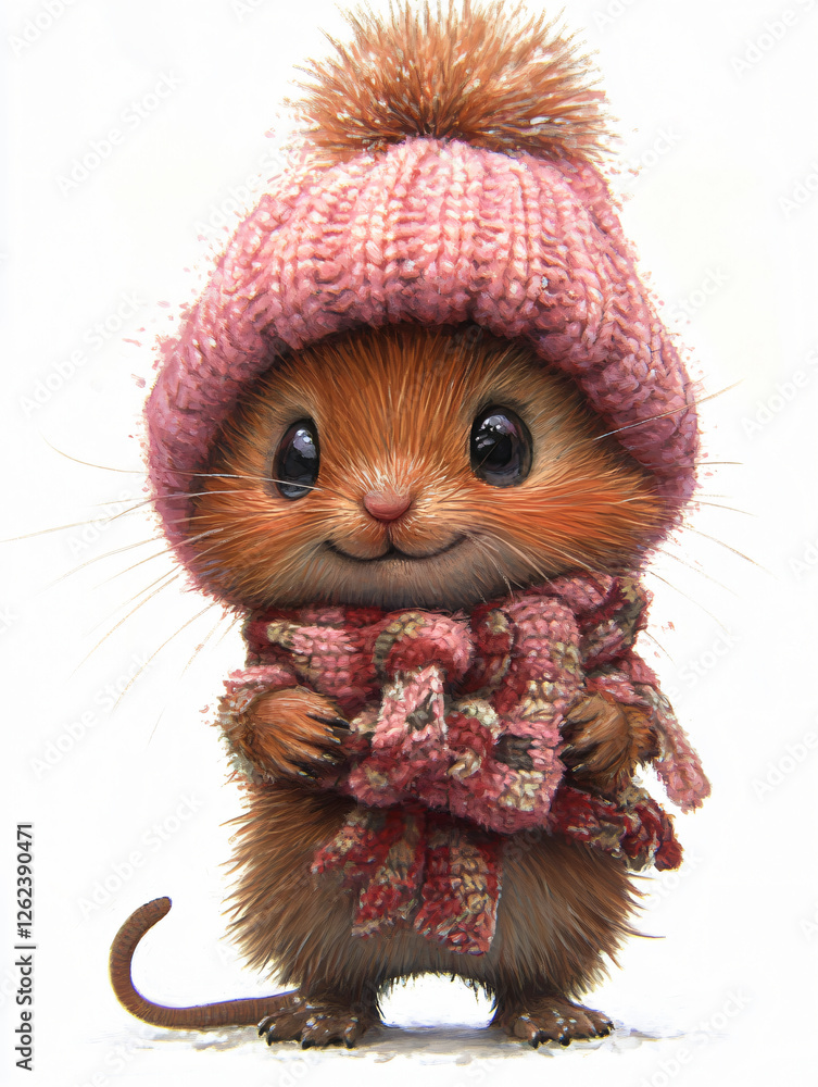 Obraz premium Cute little mouse pink knitted hat scarf winter Christmas festive outfit cozy holiday adorable small rodent fluffy fur warm snug seasonal portrait,home,pet,wallpaper,nursery,decor,kid,story,book