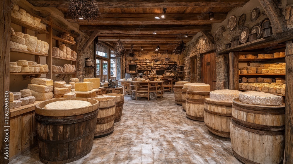 Rustic Cheese Shop Interior; Displaying Cheeses; Wooden Barrels; Decorative Accents