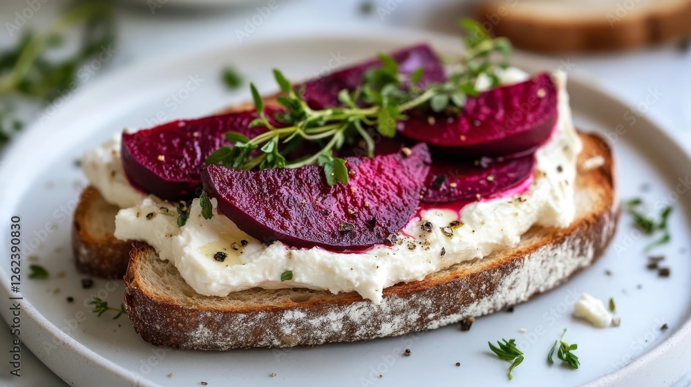 Toast topped with cream cheese and pickled beets garnished with herbs on a wooden table Toast topped with cream cheese and pickled beets garnished with herbs on a wooden table