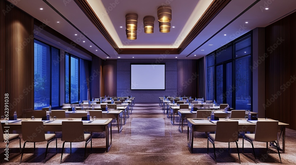 Obraz premium A modern training room setup with digital projectors and neatly placed seating for leadership classes. digital