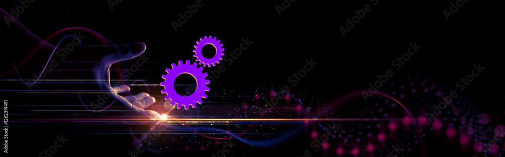 A glowing hand reaches out, holding two vibrant purple cogs against a dark digital background, symbolizing technology, innovation, automation, and teamwork in a futuristic world.