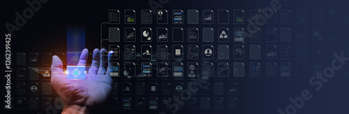 A futuristic digital concept of a hand reaching toward an AI-powered data interface, symbolizing artificial intelligence, automation, and machine learning in data management and analytics.