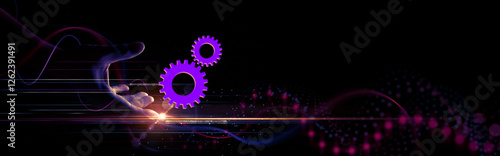 Obraz na płótnie A glowing hand reaches out, holding two vibrant purple cogs against a dark digital background, symbolizing technology, innovation, automation, and teamwork in a futuristic world. w salonie