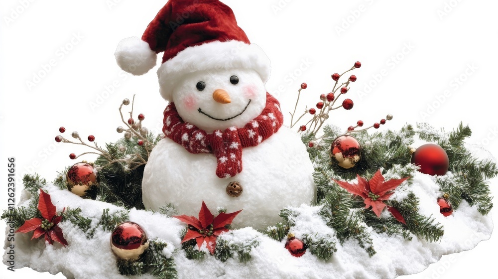 Snowman wearing a red hat and scarf surrounded by festive decorations during winter season Snowman wearing a red hat and scarf surrounded by festive decorations during winter season