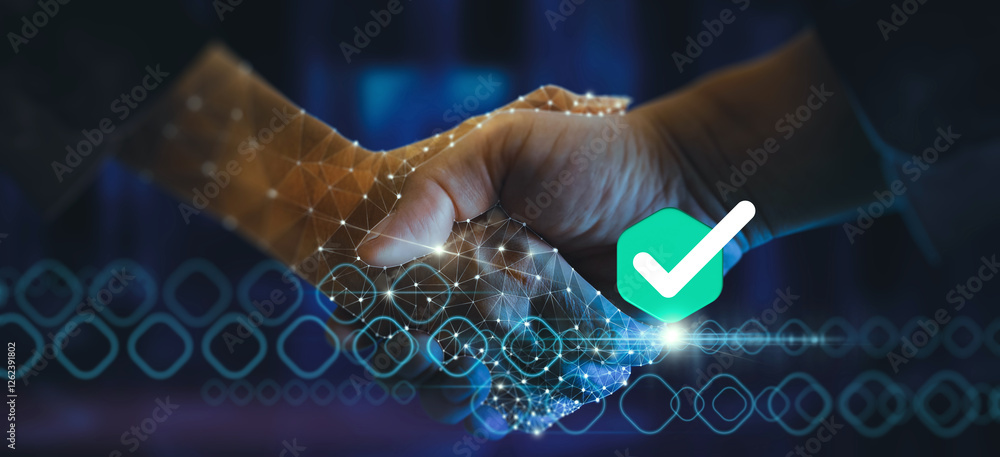 A futuristic handshake with a glowing digital network overlay and a green approval checkmark symbolizes trust, technology, and verified business agreements in the digital age.