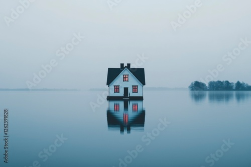 House sits on a lake surrounded by fog. Serene landscape; lonely cabin stay