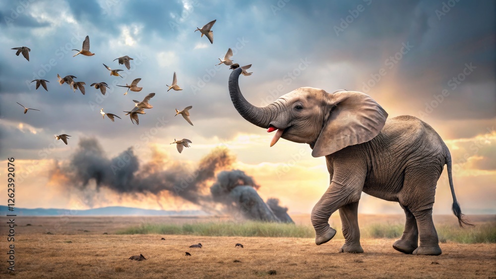 Fototapeta premium Elephant Playfully Interacting with Birds Under Dramatic Sky