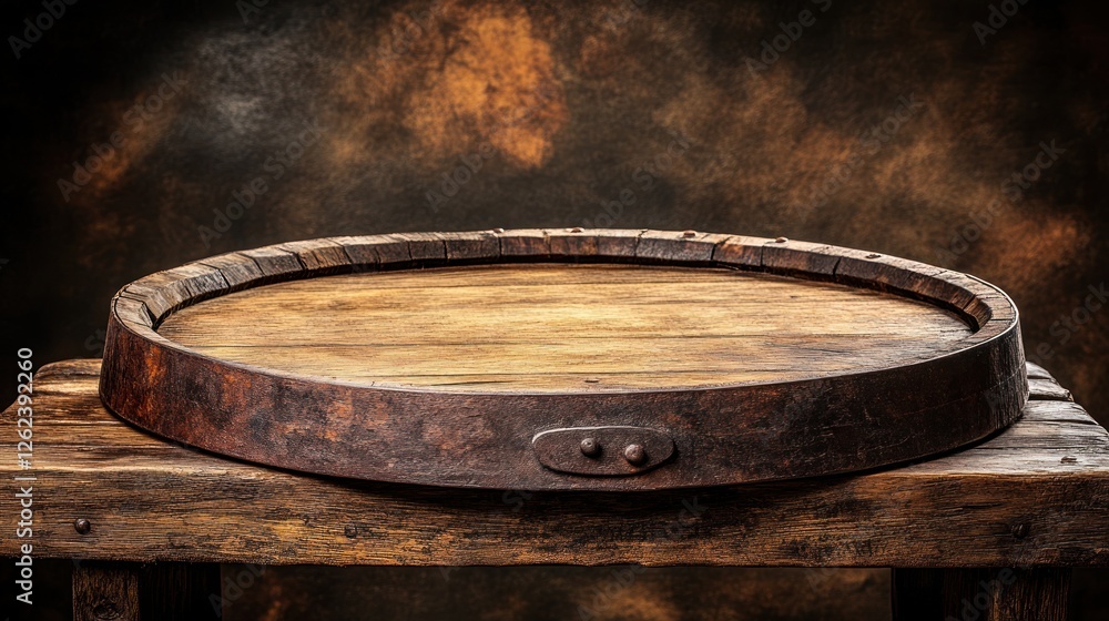 Fototapeta premium Rustic wooden barrel top, empty display, dark background
