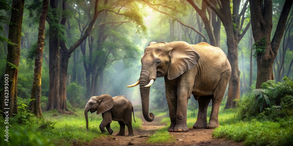 Fototapeta premium Majestic Elephants Walking Through Lush Green Forest Environment