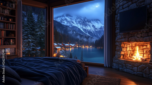 A splendid view of a cozy cabin overlooking a serene snowy landscape, blending indoor warmth with outdoor beauty, making it perfect for winter relaxation and retreat.