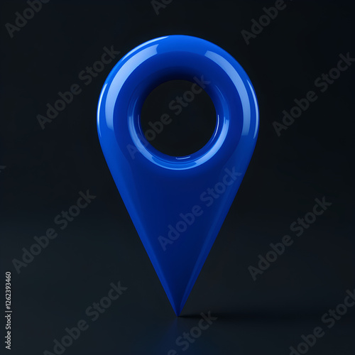 Glossy vibrant blue location pin - high-quality 3D render with reflective surface and sharp pointed bottom on black background