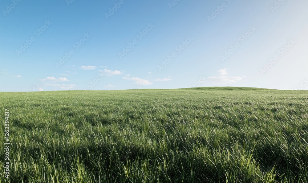 Lush Green Grassland Under Clear Blue Sky with Gentle Hills and Soft Clouds Lush Green Grassland Under Clear Blue Sky with Gentle Hills and Soft Clouds