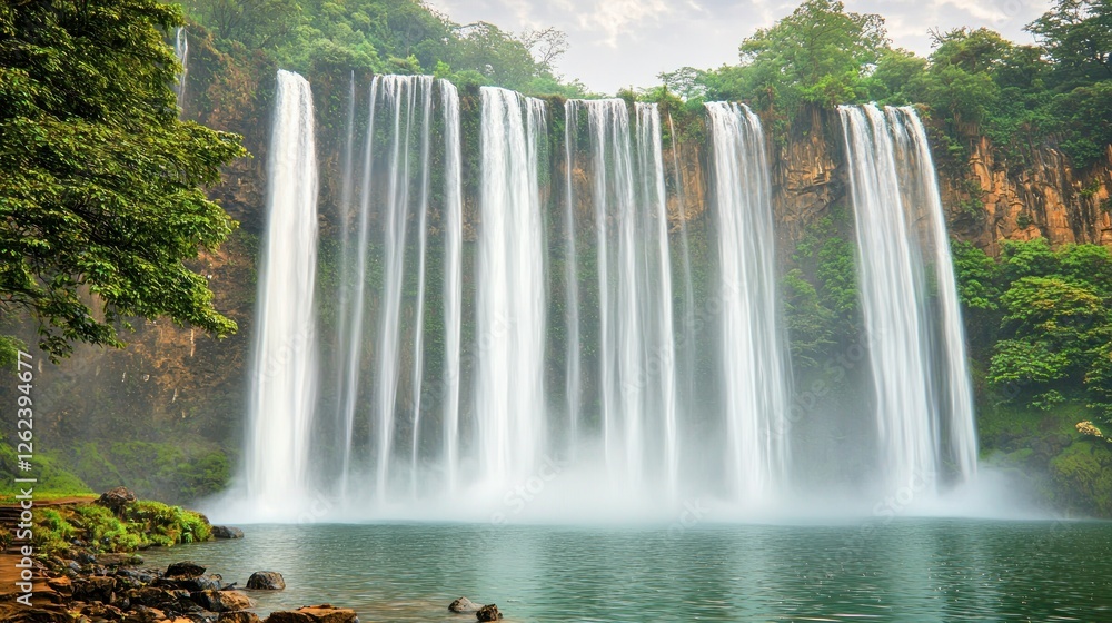 Fototapeta premium Majestic waterfall cascading into tranquil pool, lush jungle backdrop
