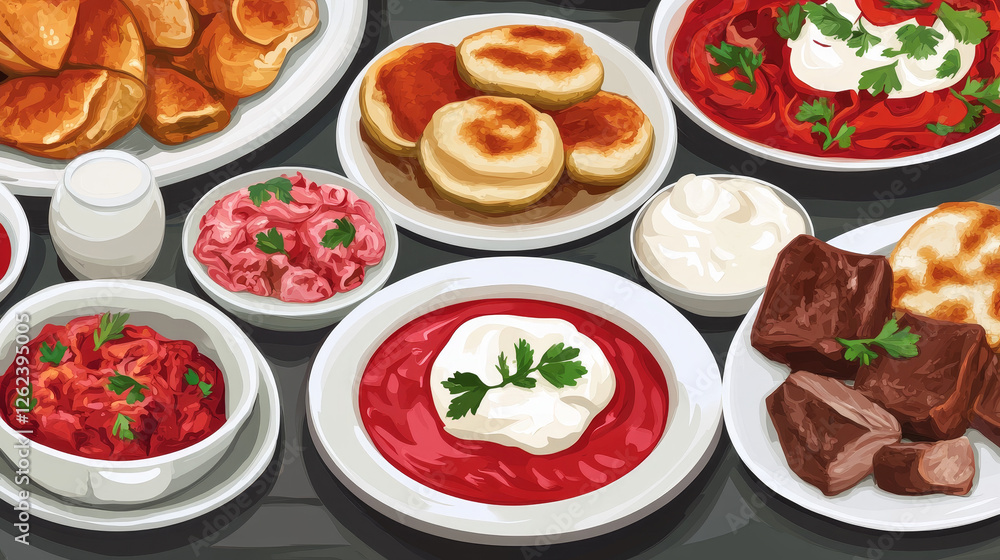 Russian cuisine menu with traditional food dishes and meals, vector restaurant lunch poster. Russian cuisine borscht beet soup and beef stroganoff, blini pancakes and meat dumplings pelmeni Russian cuisine menu with traditional food dishes and meals, vector restaurant lunch poster. Russian cuisine borscht beet soup and beef stroganoff, blini pancakes and meat dumplings pelmeni