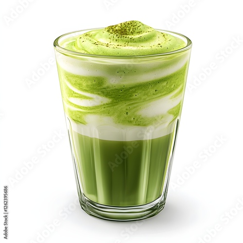 Iced matcha latte with creamy foam top on white backdrop studio shot