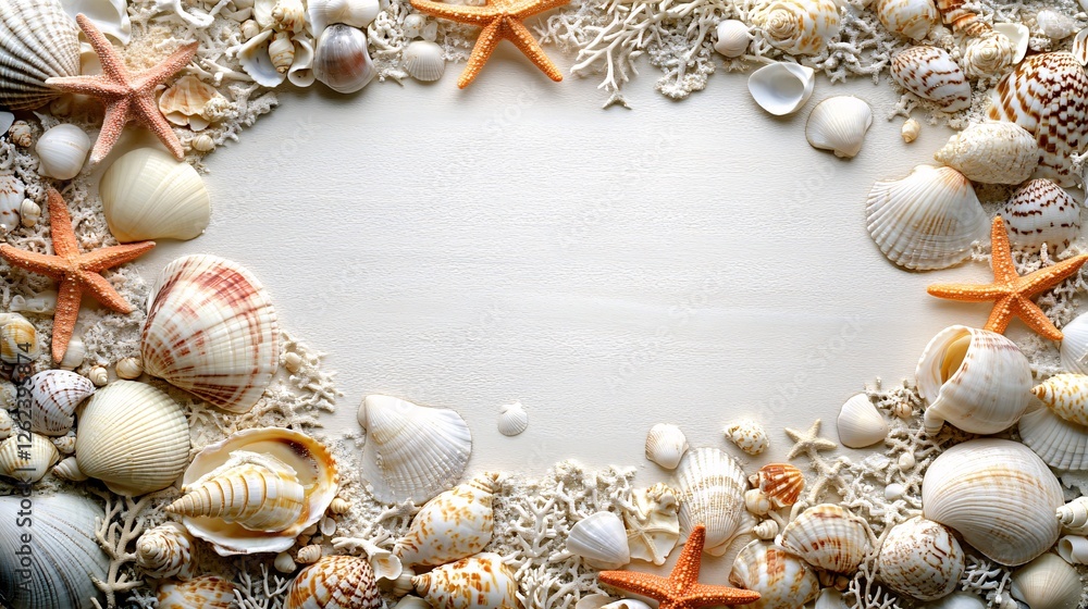 Fototapeta premium A serene tropical beach with seashells and starfish creating a natural border, inviting relaxation and providing space for text on a summer holiday theme.