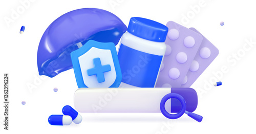 Searching medicaments in internet with search tab Ordering medicines online concept Medical symbol of emergency help