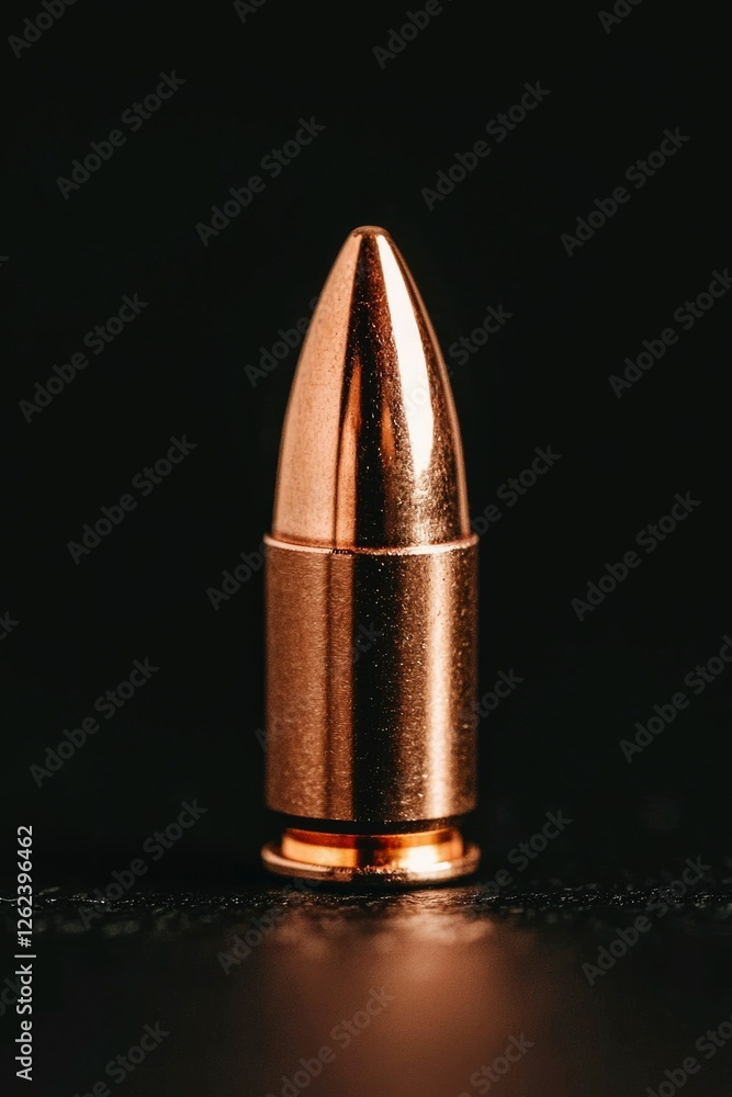 Ammunition Close-up Single bullet on black surface. Violence prevention or war use Ammunition Close-up Single bullet on black surface. Violence prevention or war use