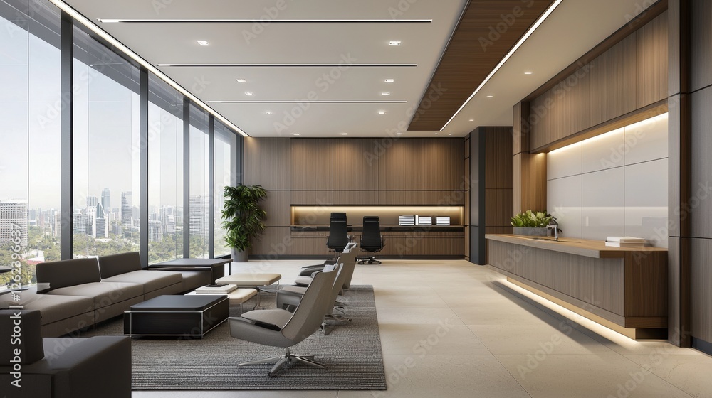 Fototapeta premium Modern office interior with city skyline view