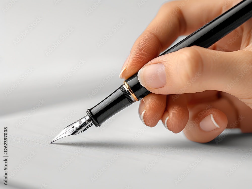 World writer's day. Profile view captures a hand elegantly writing with a fountain pen on smooth paper, emphasizing concentration and artistry in a serene space. World Press Freedom Day. World writer's day. Profile view captures a hand elegantly writing with a fountain pen on smooth paper, emphasizing concentration and artistry in a serene space. World Press Freedom Day.