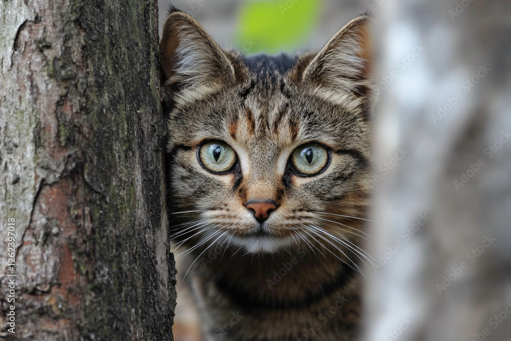 A Cat Crouched Low, Stalking A Bird In A Garden, Intense Focus, Natural Setting A Cat Crouched Low, Stalking A Bird In A Garden, Intense Focus, Natural Setting