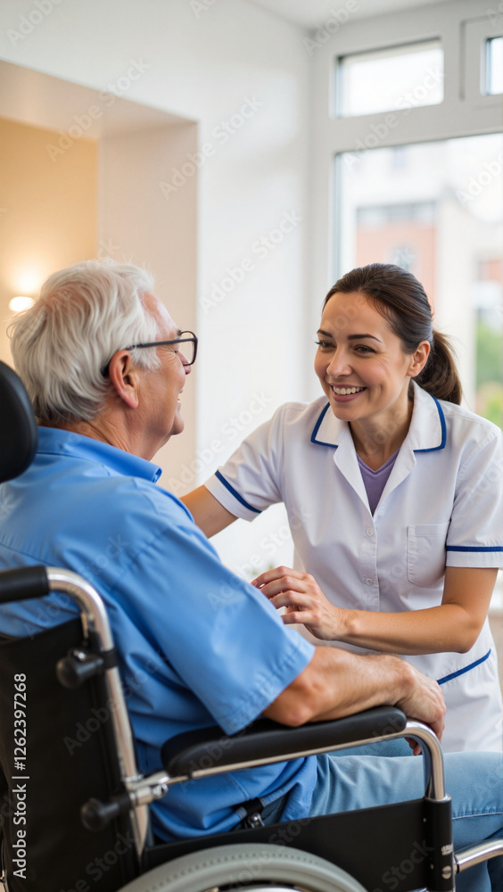 Gentleman smiling while chatting with a nurse in a hospital, compassionate care Gentleman smiling while chatting with a nurse in a hospital, compassionate care