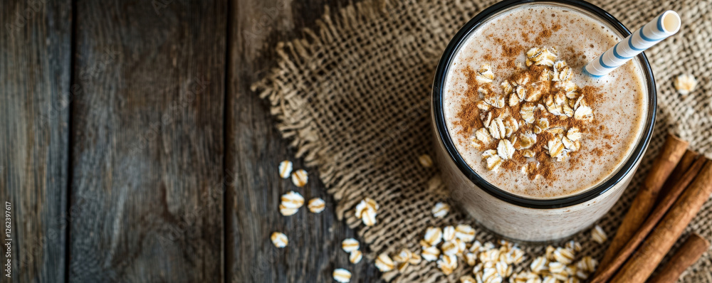 Creamy smoothie topped with oats and cinnamon, served in glass with straw. Perfect for healthy breakfast or snack Creamy smoothie topped with oats and cinnamon, served in glass with straw. Perfect for healthy breakfast or snack