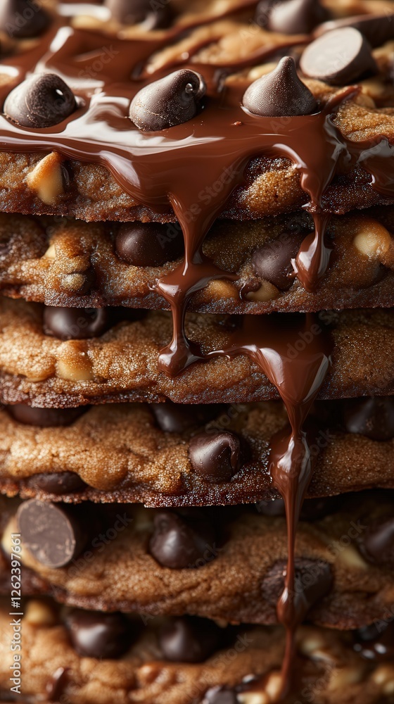 stack of cookies, showcasing layers of rich chocolate chips and golden brown edges, with a drizzle of melted chocolate on top stack of cookies, showcasing layers of rich chocolate chips and golden brown edges, with a drizzle of melted chocolate on top