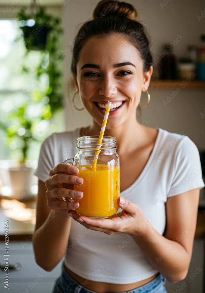 Smiling Woman Holding Fresh Orange Juice Smiling Woman Holding Fresh Orange Juice