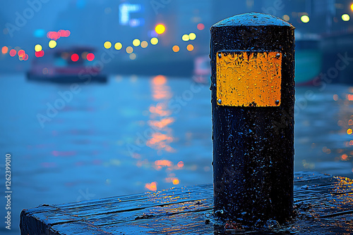 Moody twilight scene of a wet dock post with a blank yellow sign, blurred city lights  water reflections.  Perfect for concepts of travel, urban life, solitude, or a mysterious, atmospheric mood. photo