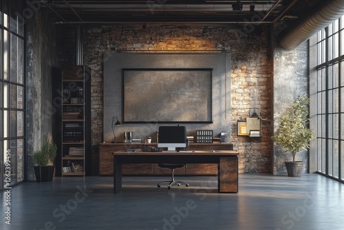 Modern office interior in loft, industrial style, 3d render, Generative AI