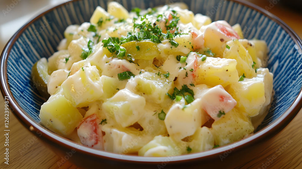 A traditional potato salad with mayonnaise and pickles. A traditional potato salad with mayonnaise and pickles.
