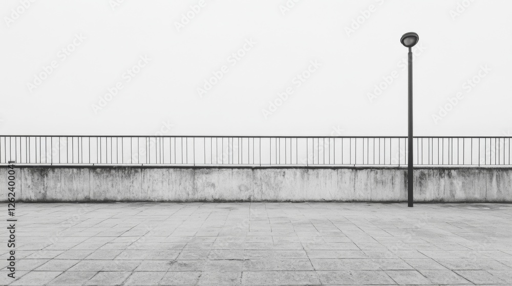 Obraz premium City rooftop, railing, lamppost, fog, minimalist urban scene