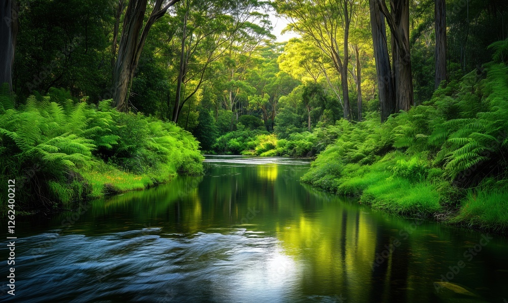 Serene river flowing through lush green forest with vibrant ferns and sunlight Serene river flowing through lush green forest with vibrant ferns and sunlight